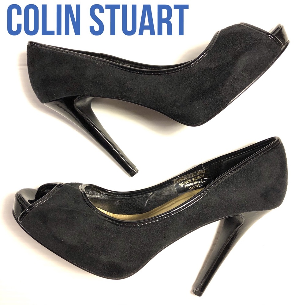 COLIN STUART peep toe black heels faux suede 7